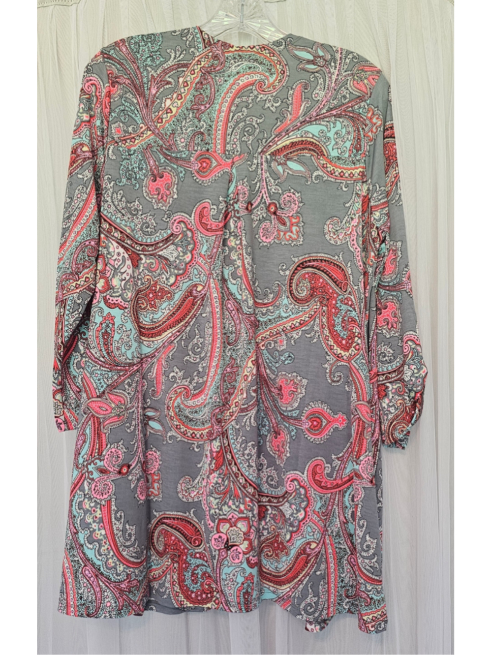 Women's Dear Scarlett Paisley Open Front Cardigan Size M Grey Pink - Picture 2 of 3